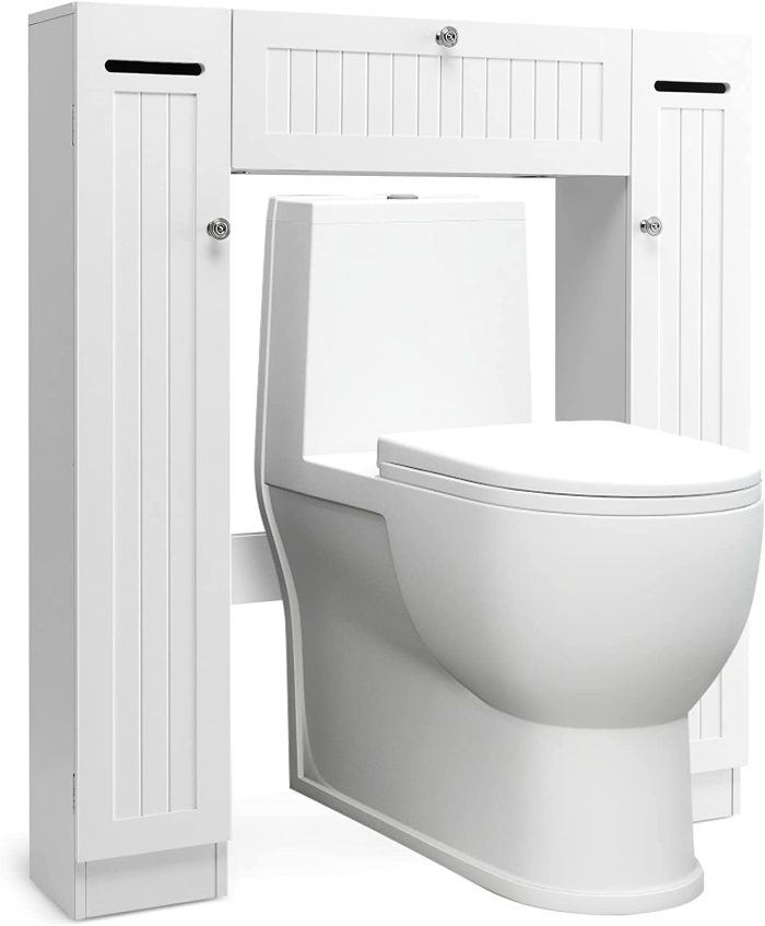 Over-The-Toilet Rack Bathroom Shelf Storage Cabinet Wooden Drop Door Freestanding Spacesaver Improvements, White - 7.5"x34"x39" - Image 1