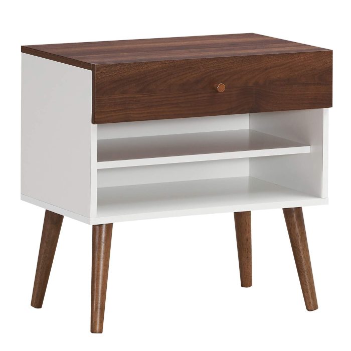 Nightstand with Drawer and Storage Shelves & Rubber Wood Legs, Brown&White - 1 - Image 1
