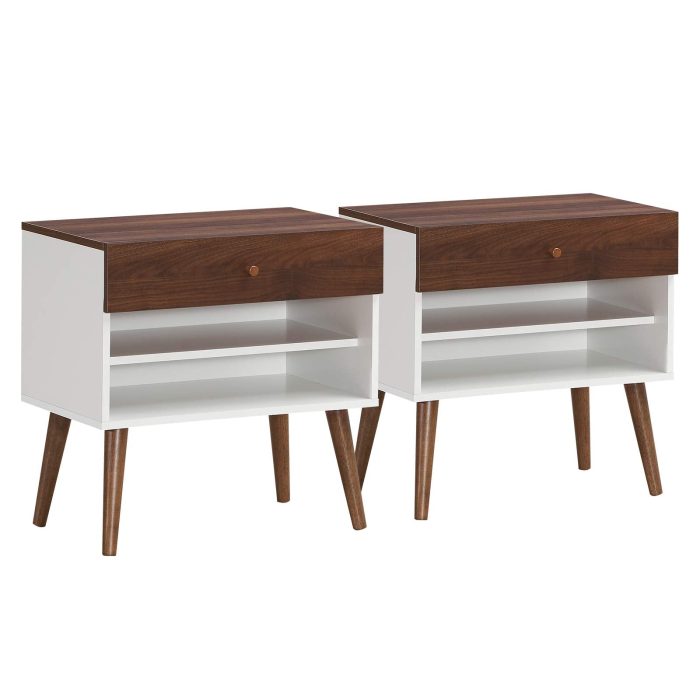 Nightstand with Drawer and Storage Shelves & Rubber Wood Legs, Brown&White - 2 - Image 1