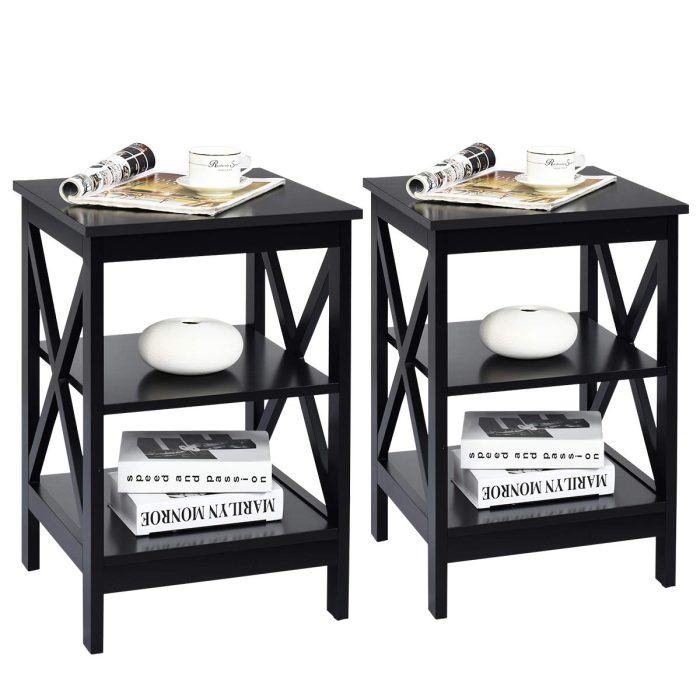 Nightstand 3-Tier X-Design W/Storage Shelves and Stable Structure Storage Organizer Display Sofa Side Table - Black 2 - Image 1