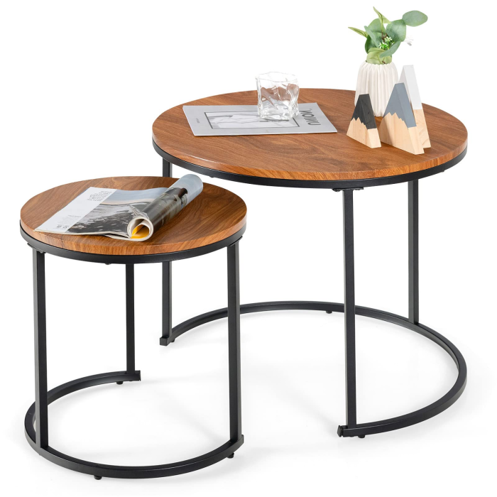 Nesting Coffee Table Set of 2, Round Stacking Side Tables w/Wooden Tabletop & Steel Frame - Walnut - Image 1