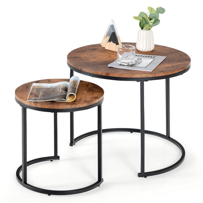 Nesting Coffee Table Set of 2, Round Stacking Side Tables w/Wooden Tabletop & Steel Frame - Brown - Image 1
