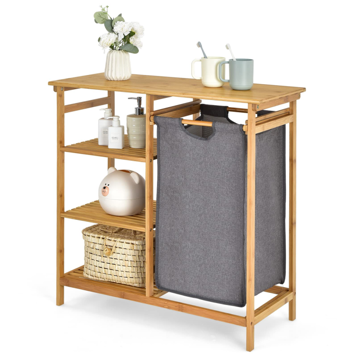 Freestanding Laundry Organizer w/ Removable Sliding Bag & 3-Tier Open Shelves - Image 1