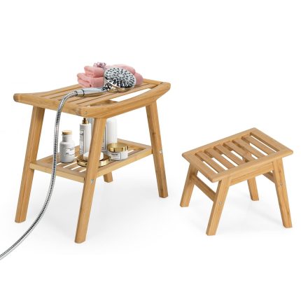 Bamboo Shower Bench with Foot Stool, Shower Seat Bench with Underneath Storage Shelf