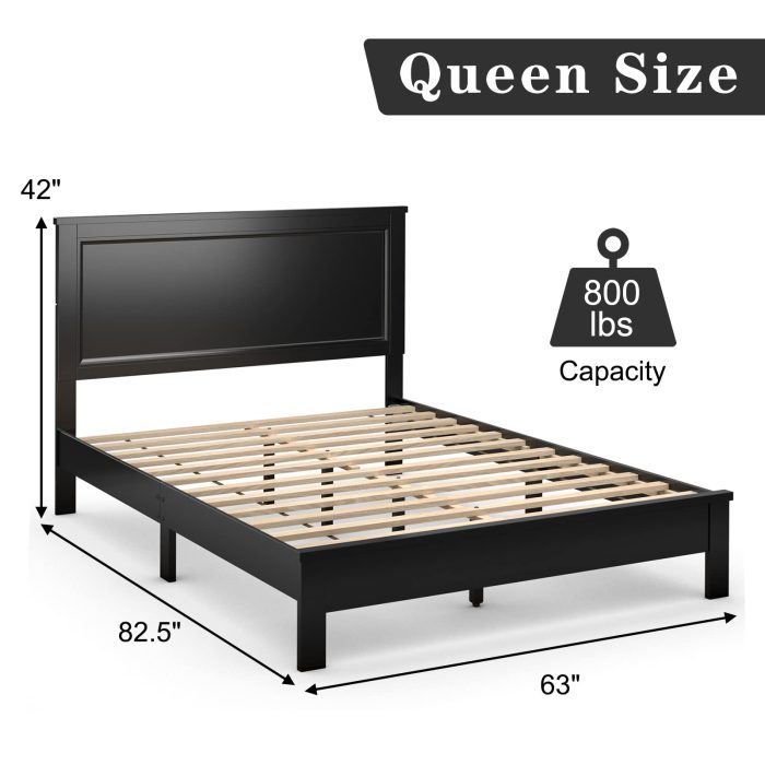 Platform Bed w/ Rubber Wood Legs & Integrated Headboard | Wooden Bed Frame - Queen Black - Image 1