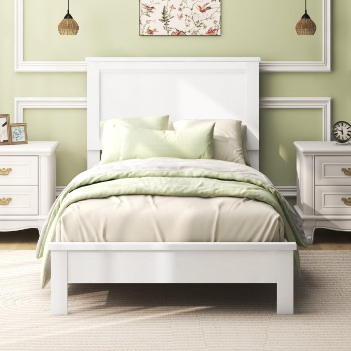 Platform Bed w/ Rubber Wood Legs & Integrated Headboard | Wooden Bed Frame - Twin White - Image 1