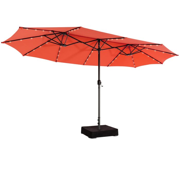 15ft Large Outdoor Umbrella Double-Sided, 48 Solar Lights, Auto-Charging Solar Panel - Orange - Image 1