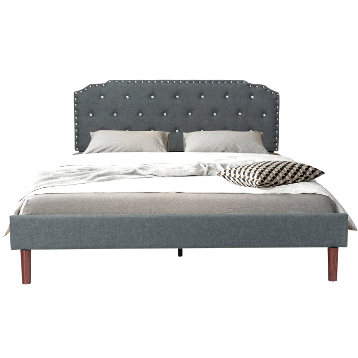 Upholstered Bed Frame w/ Adjustable Headboard, Crystal Tufted Soft Platform Bed Frame w/ Wooden Slats - Queen - Image 1