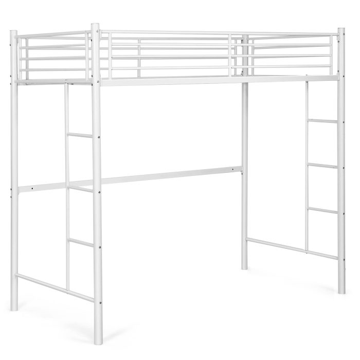 Heavy Duty Loft Bed Frame with 2 Ladders | Metal Loft Bed Twin Size - White - Image 1