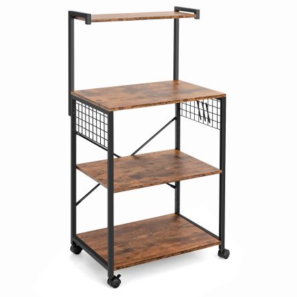 Giantex Kitchen Baker Rack on Wheels, Industrial Utility Storage Shelf, with 3 Hooks (Rustic Brown)