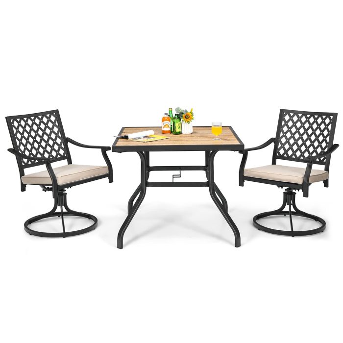 Giantex 3 Piece Patio Dining Set, Outdoor Square Bistro Table for 2, Swivel Rocking Chair with Soft Cushion - Image 1
