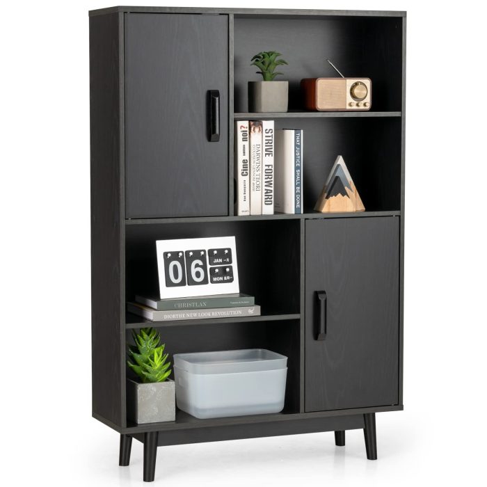Giantex Storage Cabinet with Legs, Floor Cabinet with Doors, Shelves, Anti-tipping Device, 4-Tier Bookshelf - Black - Image 1