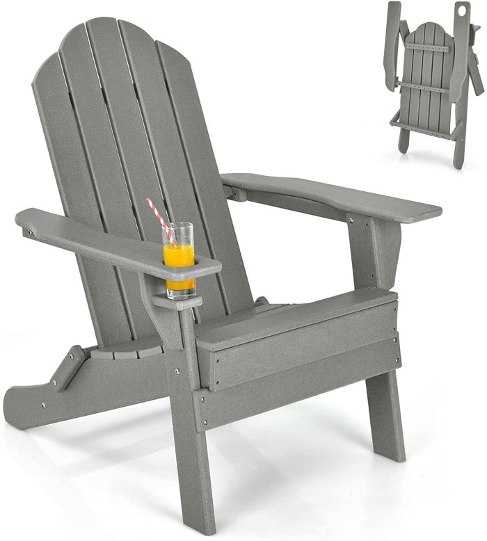 Adirondack Chair Outdoor Folding Chairs, Weather Resistant Patio Chair with Built-in Cup - Grey 1 - Image 1