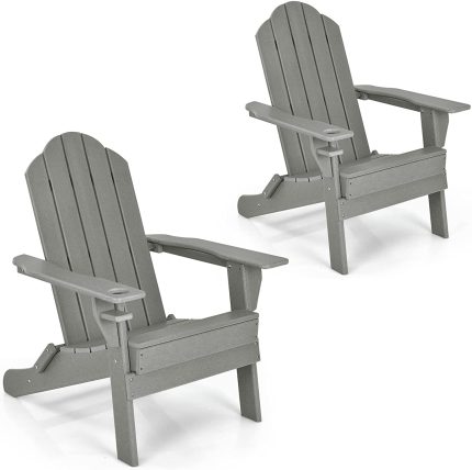 Adirondack Chair Outdoor Folding Chairs, Weather Resistant Patio Chair with Built-in Cup - Grey 2