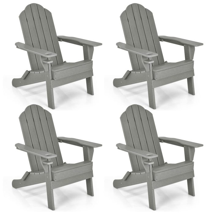 Adirondack Chair Outdoor Folding Chairs, Weather Resistant Patio Chair with Built-in Cup - Grey 4 - Image 1