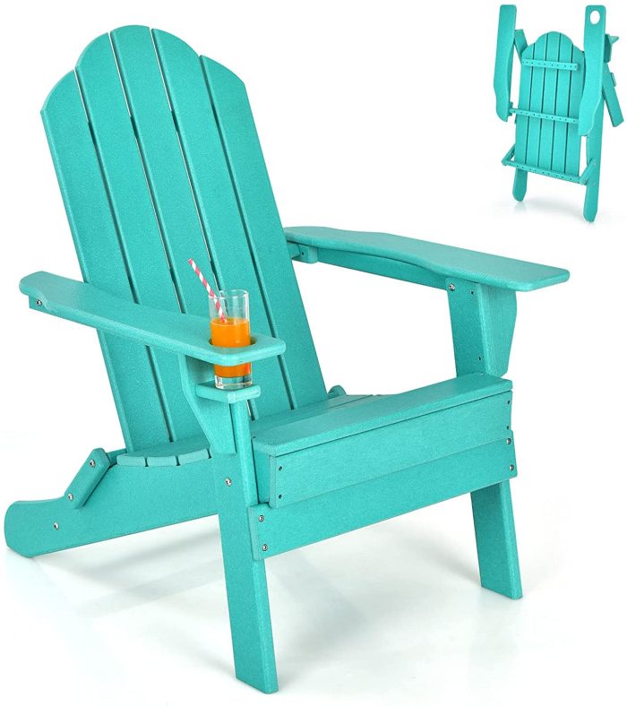 Adirondack Chair Outdoor Folding Chairs, Weather Resistant Patio Chair with Built-in Cup - Turquoise 1 - Image 1