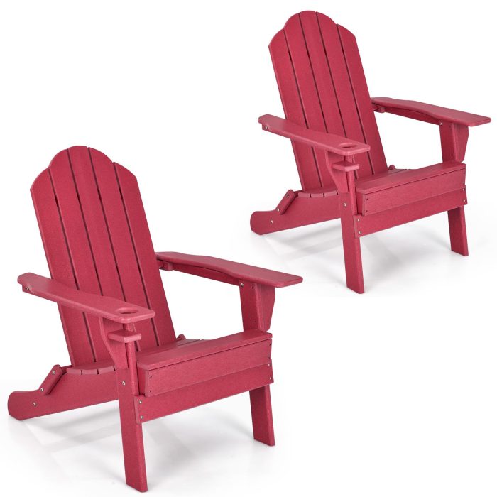 Adirondack Chair Outdoor Folding Chairs, Weather Resistant Patio Chair with Built-in Cup - Red 2 - Image 1