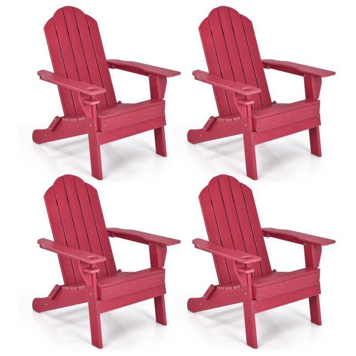 Adirondack Chair Outdoor Folding Chairs, Weather Resistant Patio Chair with Built-in Cup - Red 4 - Image 1