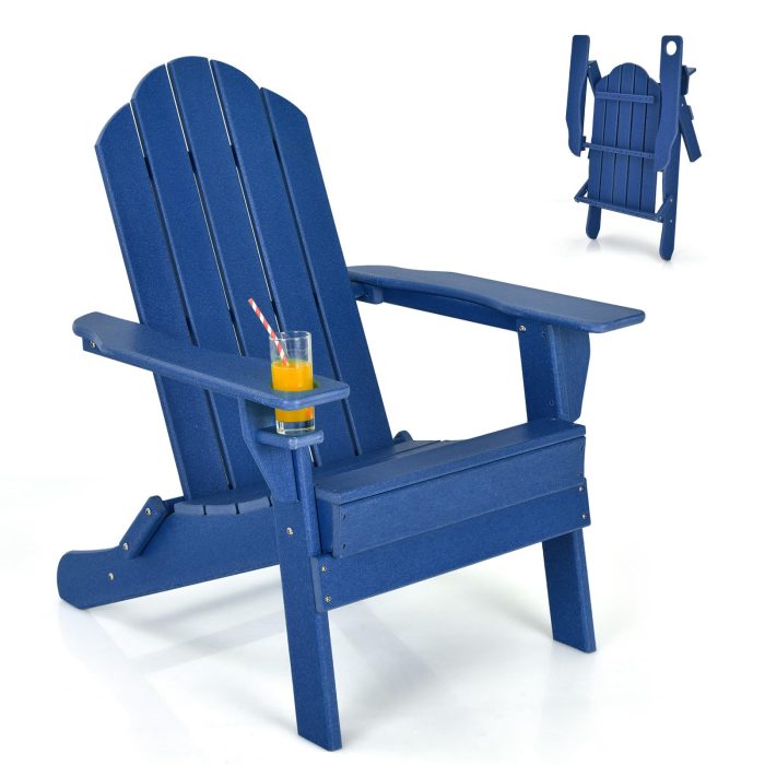 Adirondack Chair Outdoor Folding Chairs, Weather Resistant Patio Chair with Built-in Cup - Navy 1 - Image 1