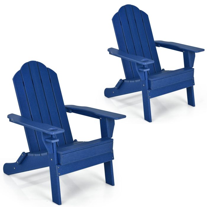 Adirondack Chair Outdoor Folding Chairs, Weather Resistant Patio Chair with Built-in Cup - Navy 2 - Image 1