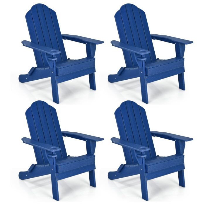 Adirondack Chair Outdoor Folding Chairs, Weather Resistant Patio Chair with Built-in Cup - Navy 4 - Image 1