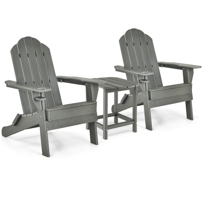 Folding Adirondack Chair with Side Table, Outdoor Adirondack Chair w/Cup Holder - 3 Grey - Image 1