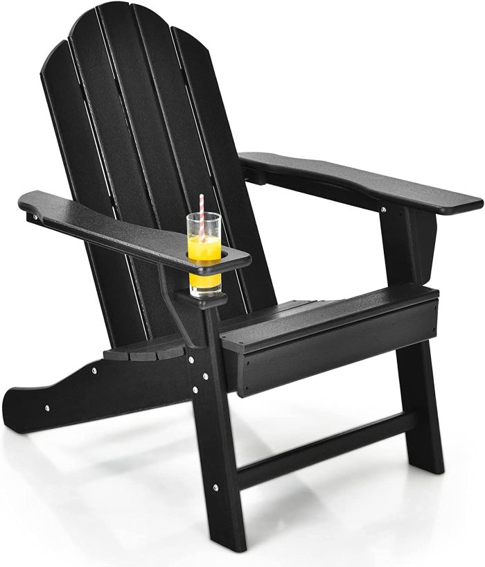 Adirondack Chair with Cup Holder, Outdoor Patio Weather Resistant Chair - Black 1 - Image 1