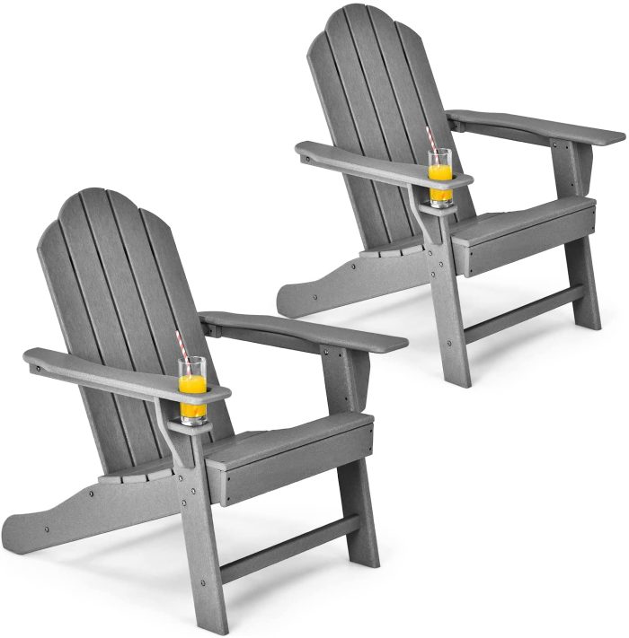 Adirondack Chair with Cup Holder, Outdoor Patio Weather Resistant Chair - Grey 2 - Image 1