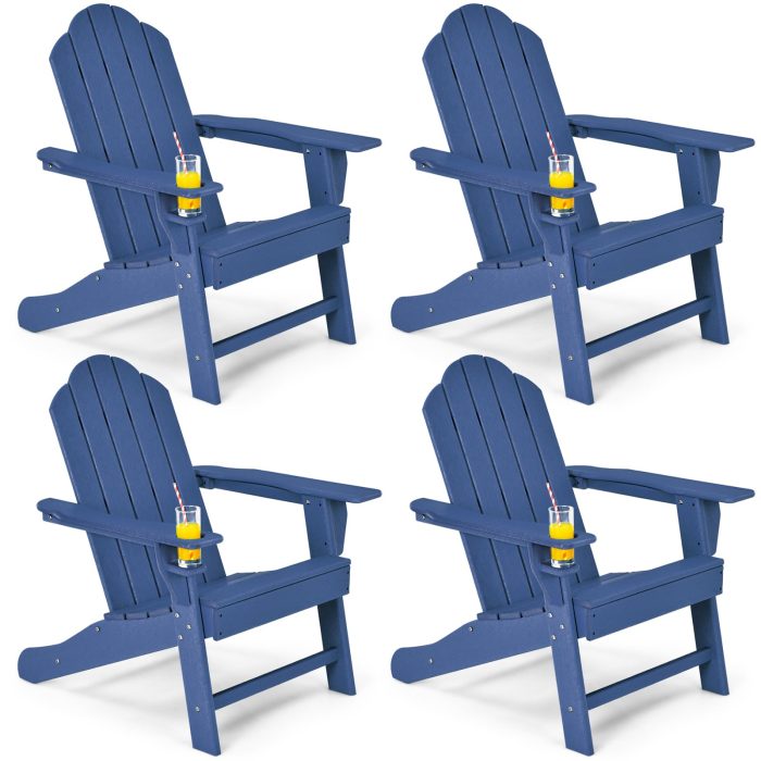 Adirondack Chair with Cup Holder, Outdoor Patio Weather Resistant Chair - Navy 4 - Image 1