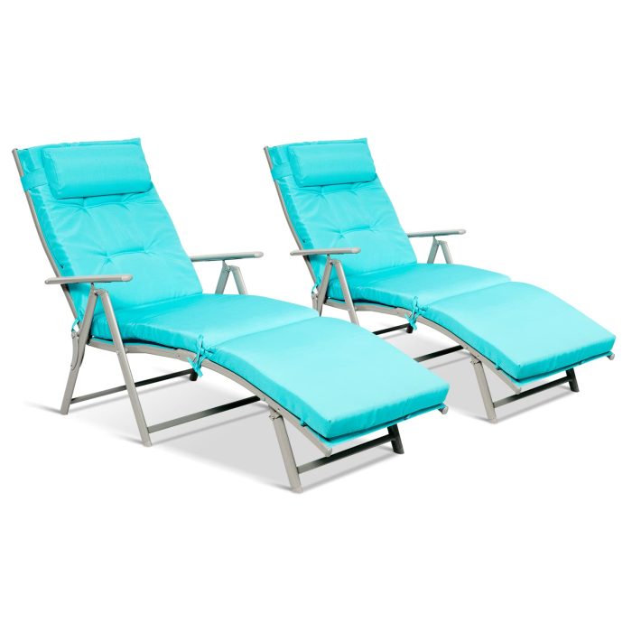 Pool Folding Reclining Beach Chair W/Removable Cushion&Headrest Pillow - Turquoise 2 - Image 1