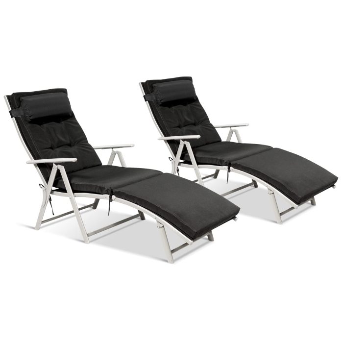 Pool Folding Reclining Beach Chair W/Removable Cushion&Headrest Pillow - Black 2 - Image 1
