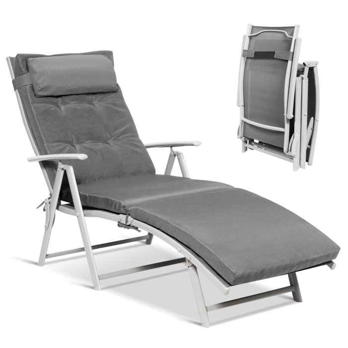Pool Folding Reclining Beach Chair W/Removable Cushion&Headrest Pillow - Grey 1 - Image 1