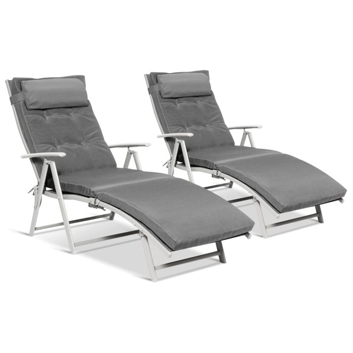 Pool Folding Reclining Beach Chair W/Removable Cushion&Headrest Pillow - Grey 2 - Image 1