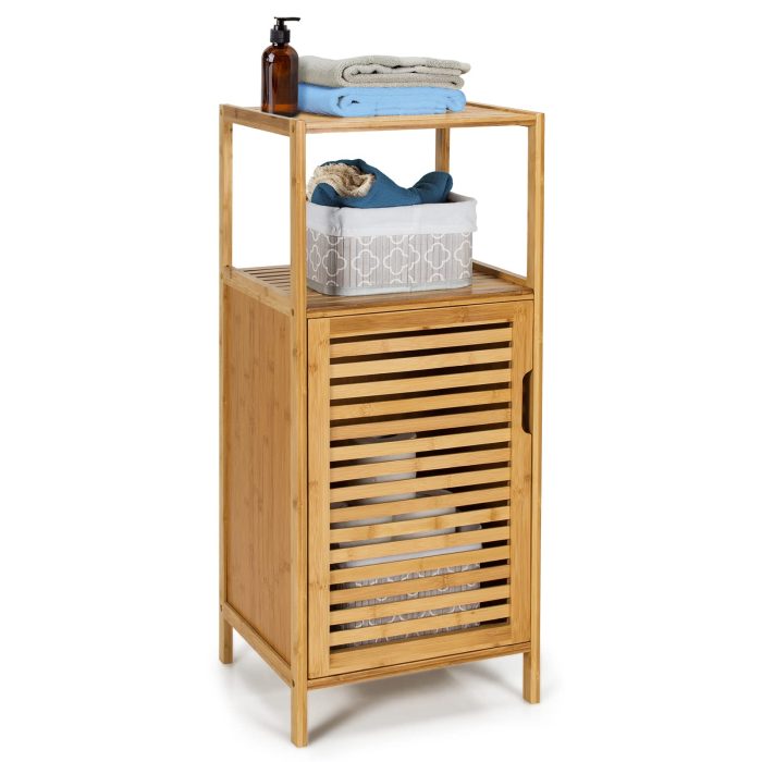Giantex Bathroom Floor Cabinet, Bamboo Storage Cabinet w/Single Door & Open Shelves - Image 1
