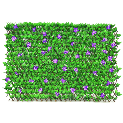 Expandable Fence with Leaves, 6.5ft Privacy Screen Decorative Fake Ivy Fencing Panel - 1 Green Leaves & Purple Flowers
