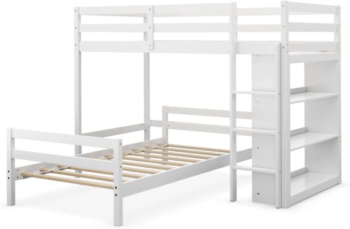 Giantex Twin Over Twin Loft Bed w/ Bookcase, Bunk Bed w/ 12.5" Full-Length Guardrail & Ladder - White - Image 1