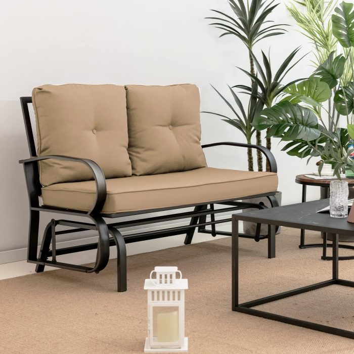 Giantex 2 Seats Glider Bench for Outside, Patio Glider Porch Loveseat w/Cushions & Powder Coated Steel Frame - Beige - Image 1