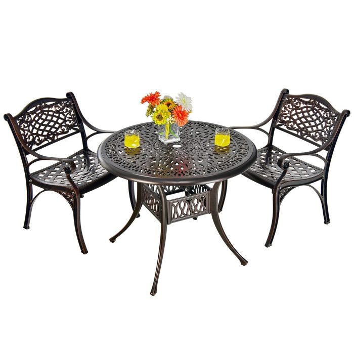Giantex 3 Pcs Patio Bistro Set, Cast Aluminum Outdoor Dining Set,Round Patio Table with Umbrella Hole, 2 Patio Chairs - Image 1