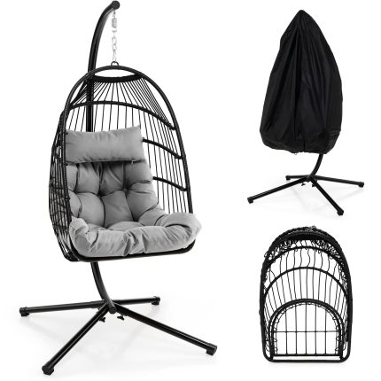 Giantex Egg Chair with Stand, Hanging Basket Chair Hammock Chair w/ Steel Stand Pillow Seat Cushion Rattan Basket & Dust Cover - Grey