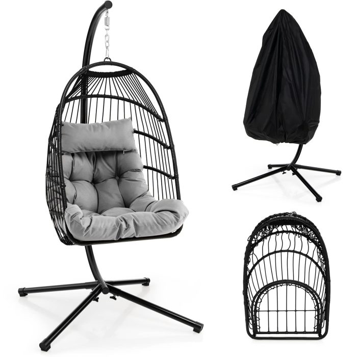 Giantex Egg Chair with Stand, Hanging Basket Chair Hammock Chair w/ Steel Stand Pillow Seat Cushion Rattan Basket & Dust Cover - Grey - Image 1