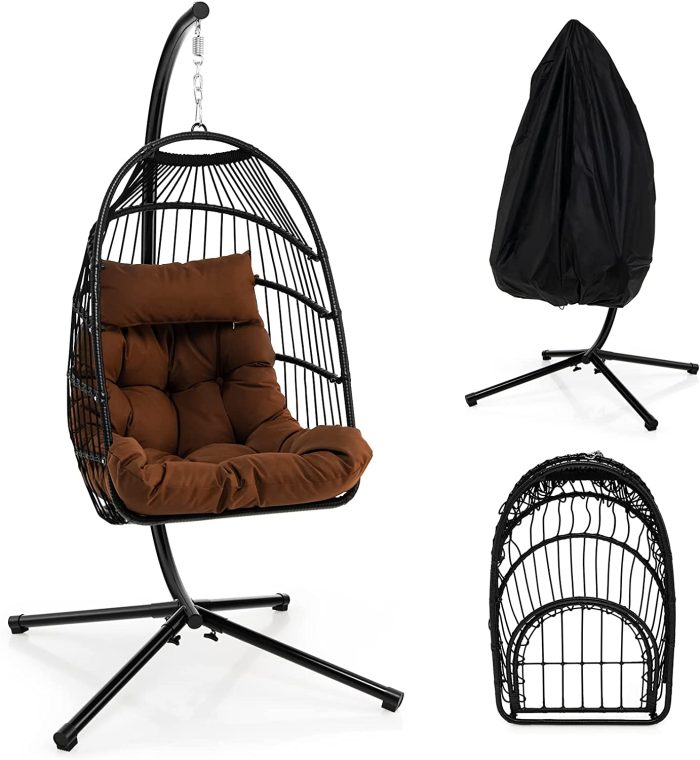 Giantex Egg Chair with Stand, Hanging Basket Chair Hammock Chair w/ Steel Stand Pillow Seat Cushion Rattan Basket & Dust Cover - Coffee - Image 1