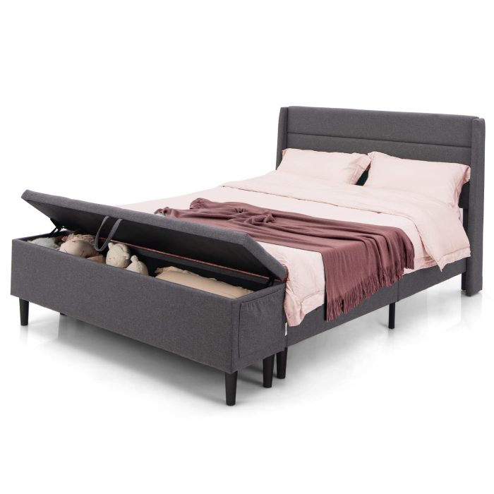 Giantex Bed Frame with Storage Ottoman - Queen Grey - Image 1