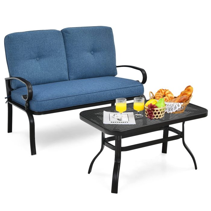 Giantex 2 Pcs Patio Loveseat with Coffee Table Outdoor Bench with Cushion and Metal Frame - Blue & Black - Image 1