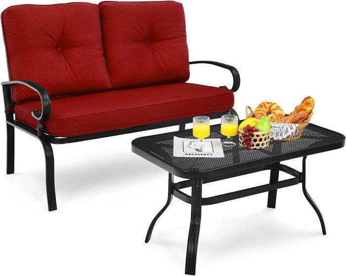 Giantex 2 Pcs Patio Loveseat with Coffee Table Outdoor Bench with Cushion and Metal Frame - Deep Red & Black - Image 1