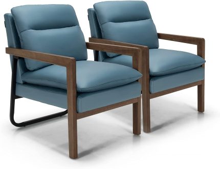 Giantex Accent Chair, Comfy Soft Leathaire Bedroom Chair with Solid Rubber Wood Legs - 2 Blue