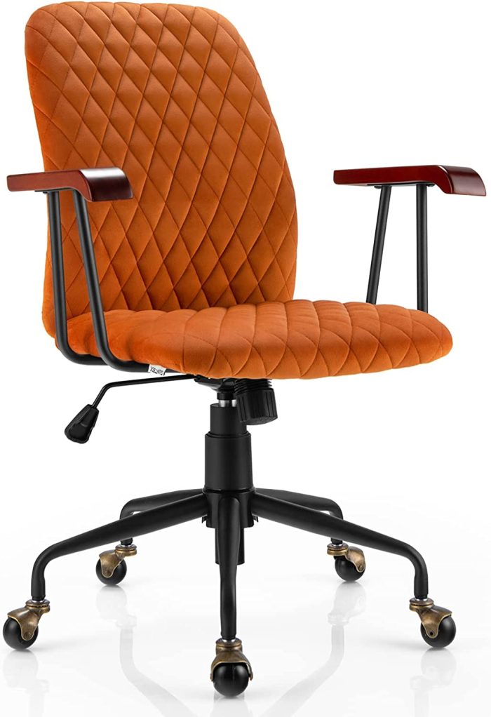 Giantex Velvet Home Office Desk Chair, Adjustable Swivel Task Chair, Vintage Mid-Back Leisure Chair - Orange - Image 1