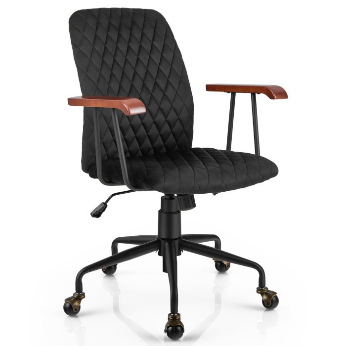 Giantex Velvet Home Office Desk Chair, Adjustable Swivel Task Chair, Vintage Mid-Back Leisure Chair - Black - Image 1
