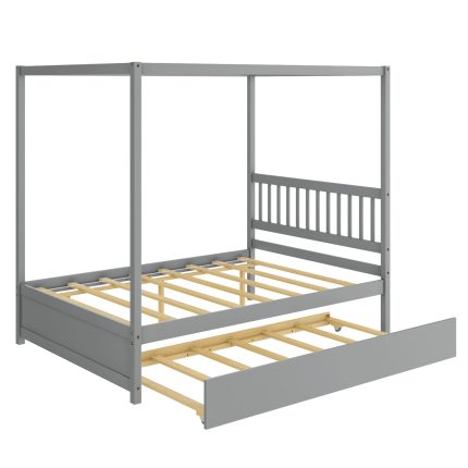 Giantex Canopy Bed w/ Trundle, Full Size Kids Solid Wood Platform Bed Frame - Grey