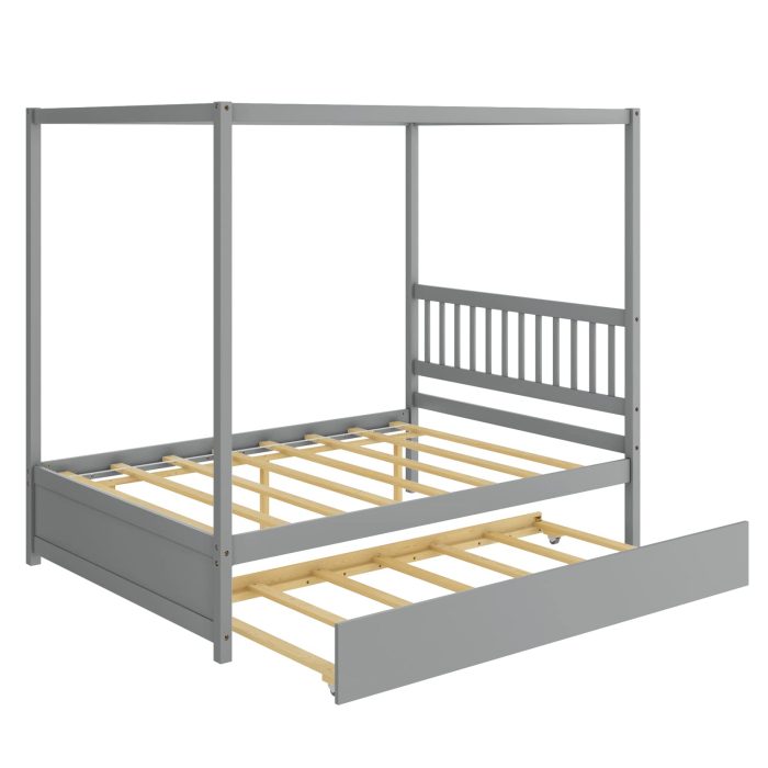 Giantex Canopy Bed w/ Trundle, Full Size Kids Solid Wood Platform Bed Frame - Grey - Image 1