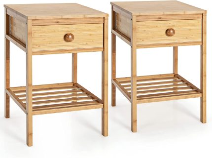 Giantex Nightstand Bamboo Bedside Table with Drawer, Open Shelf, Multifunctional Side Table - 2